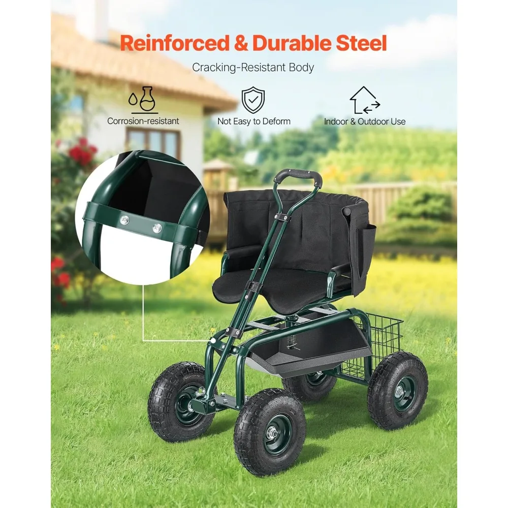 

Garden Seat with Wheels, Gardening Stool with Height Adjustable & 360°Swivel Seat, Ergonomic Backrest & Tool Storage