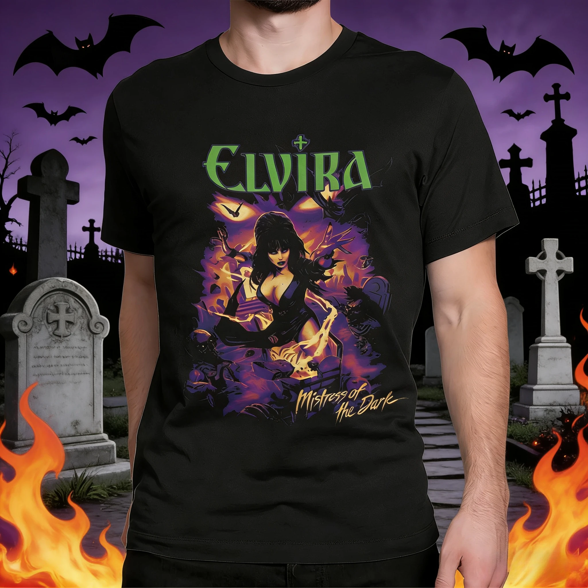 2025 الصيف فيلم Elviras الظلام عشيقة تي شيرت الرجال موضة الهيب هوب ريترو القطن قصير الأكمام فضفاضة قميص غير رسمي #1