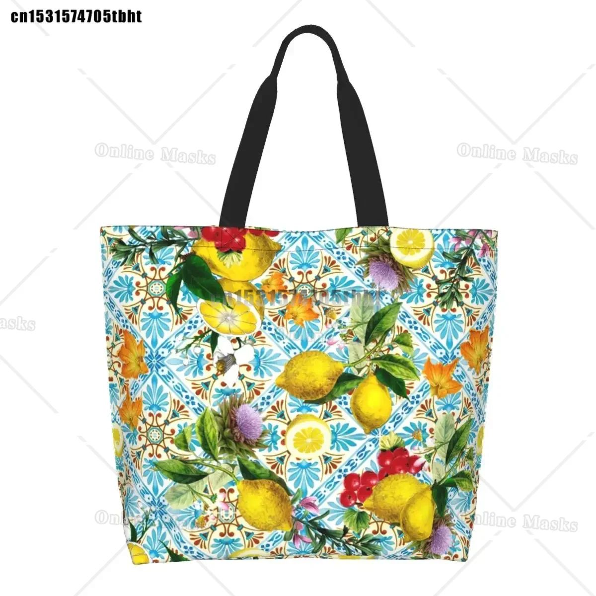 

Sicilian Lemons And Romantic Tiles Grocery Shopping Bags Canvas Shopper Tote Shoulder Bag Portable Citrus Fruit Painting Handbag
