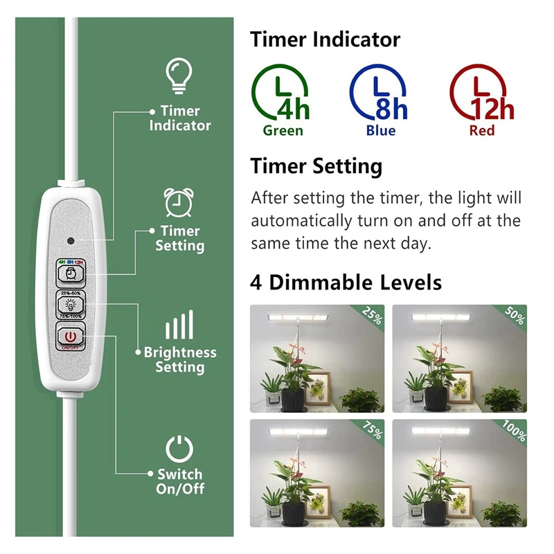 Luz LED de espectro completo para plantas, con temporizador de encendido/apagado automático, 4H/8H/12H