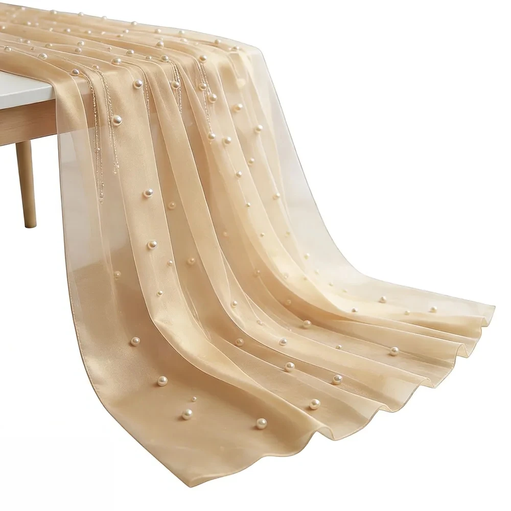 Luxury Pearl Organza Table Runner Romantic Wedding Banquet Decor for Holiday Party Home Dining Table Ornament