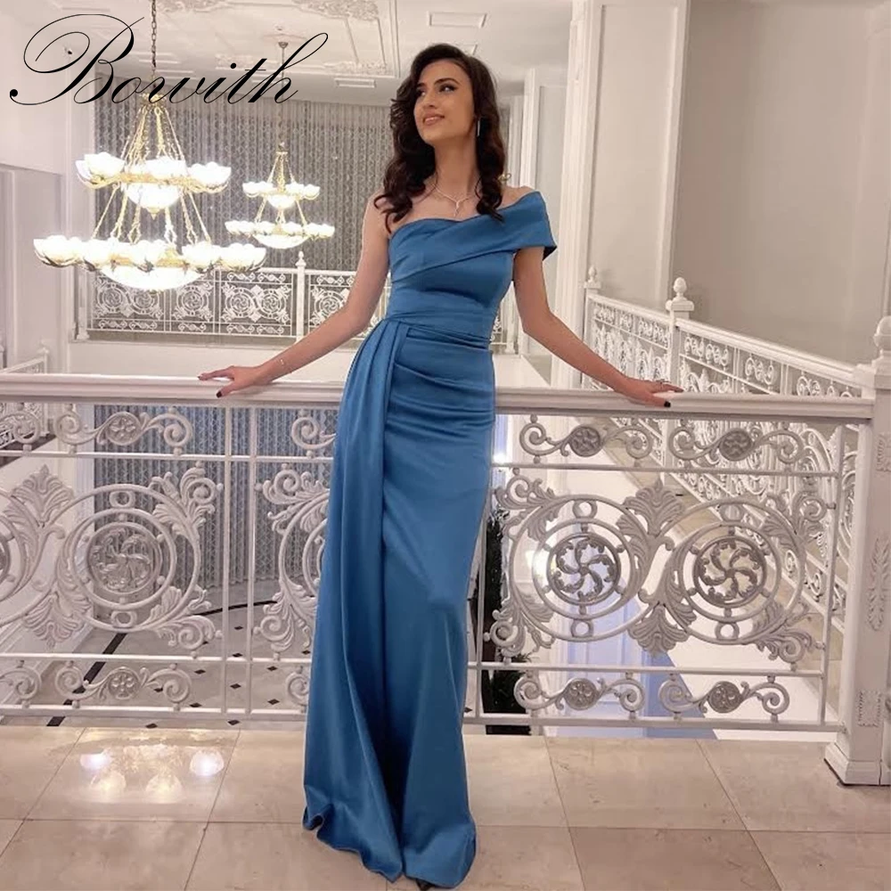 

Bowith One-Shoulder Blue Evening Dresses Women Satin Elegant Floor Length Prom Gown Evening Party Wedding Guest Dress Customized
