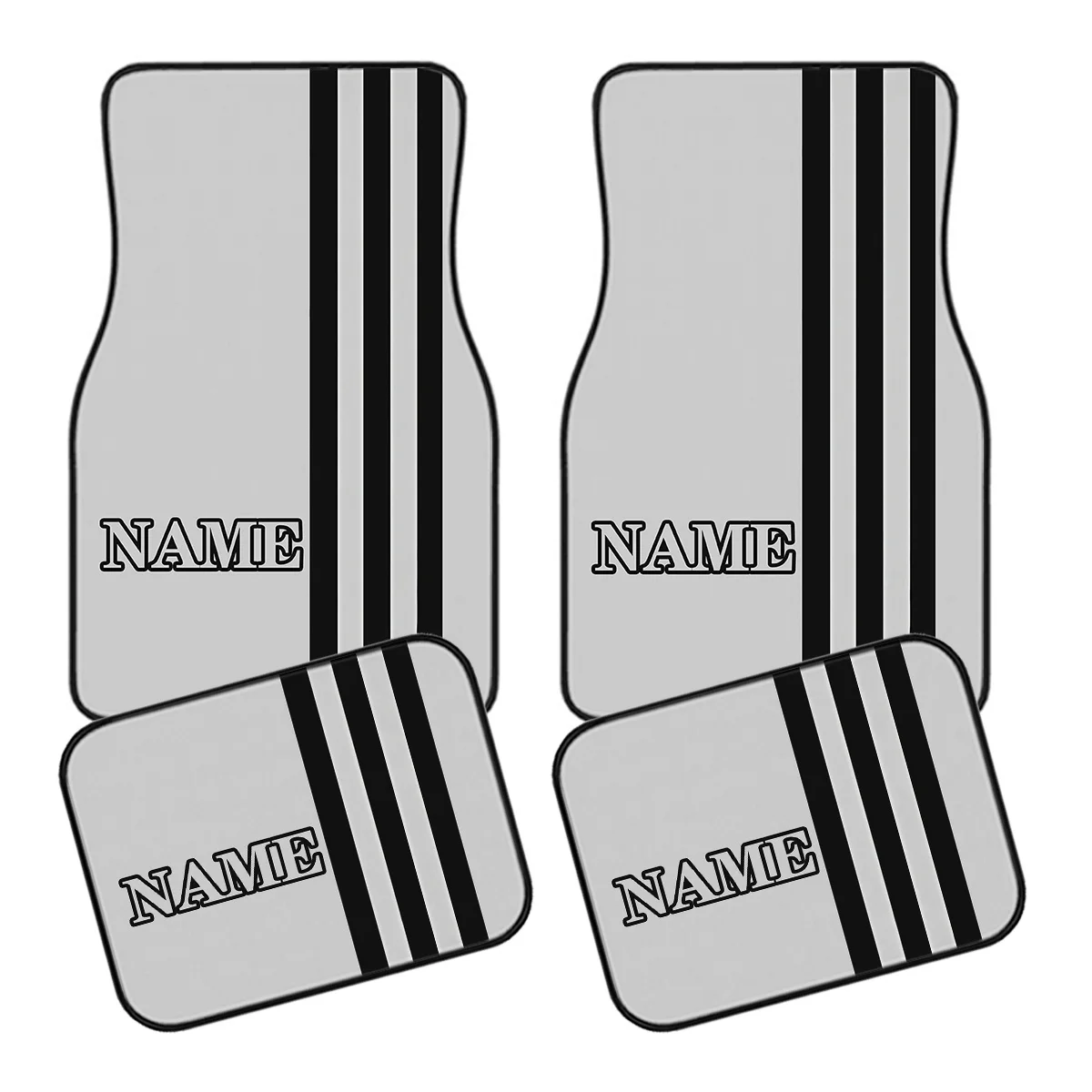 4pcs Customizable Name Car Floor Mats With Gray Base + Black/Silvery Two-Tone Racing Stripe Pattern - Personalized Design - Perf