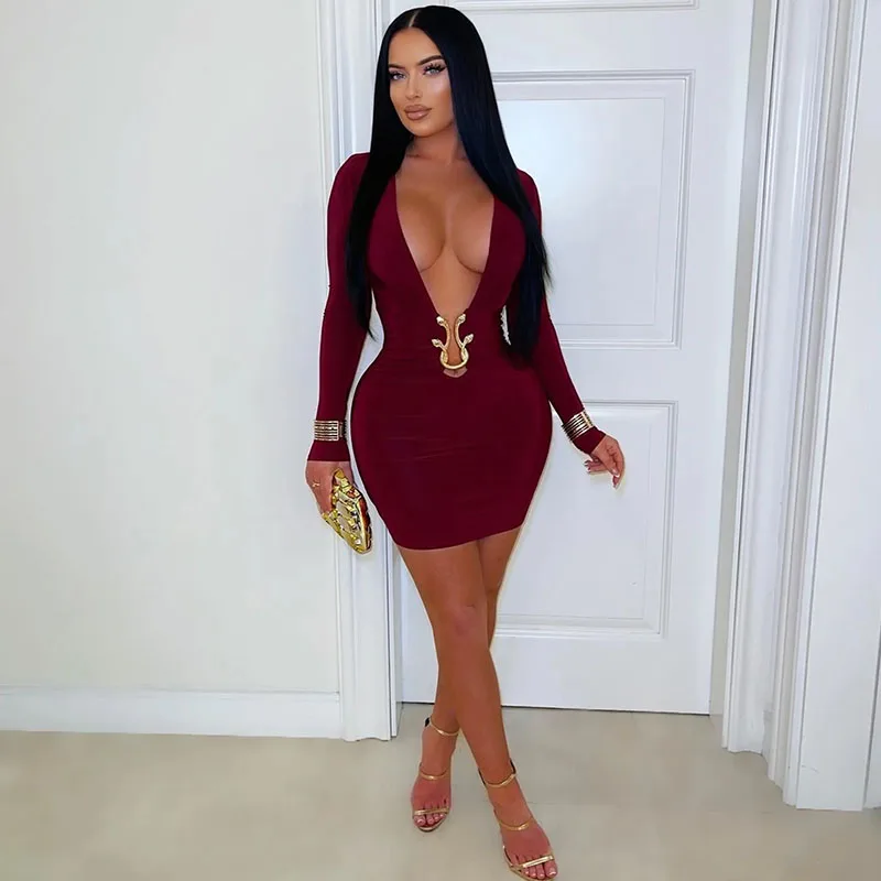 Minivestido Sexy ajustado de manga larga con cuello en V profundo para Mujer, elegante vestido con botones y anillo de Metal, vestidos ajustados para fiesta nocturna y discoteca, Ropa para Mujer