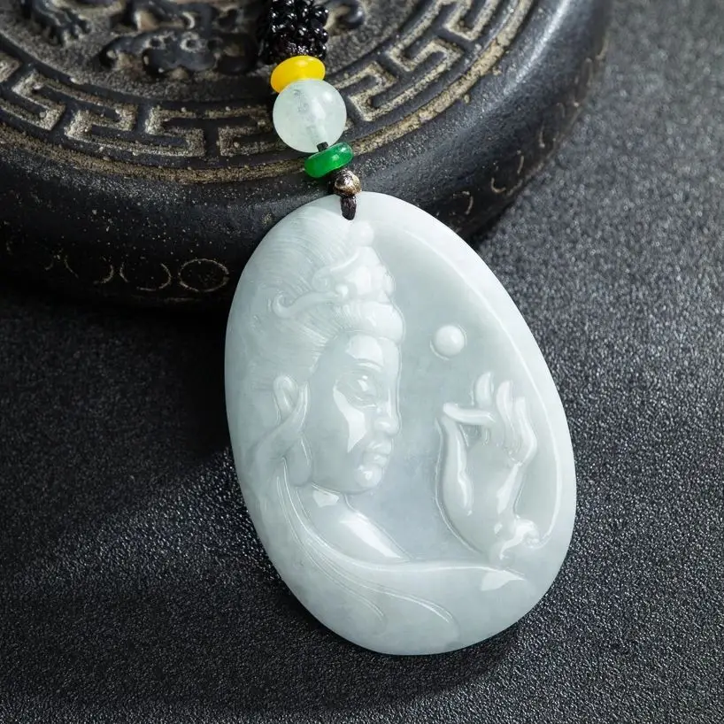 

TIMESWIND White Jade Guanyin Pendant A-Type Bodhisattva Blessing Jade Necklace for Men and Women
