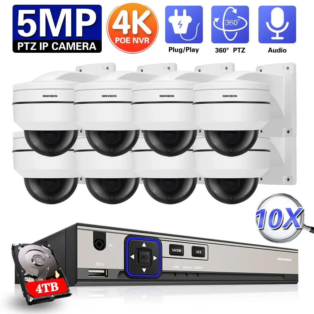 5MP IP Camera PTZ Pan Tilt 10x Zoom Motorized Waterproof IR 80M Night Home Street Security 8CH 4K POE NVR Security CCTV System