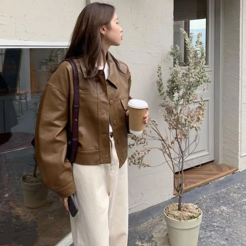 

Comfortable Lapel Collar Leather Jacket Women Outerwear Korean Chic Vintage PU Coats Retro Zipper Overcoat Women