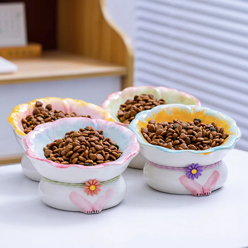 Slant Mouth Feeding Protection Cervical Bowl Flower Cat Bowl Ceramic Cat Food Bowl Cat Feeding Water Pet Cat Supplies