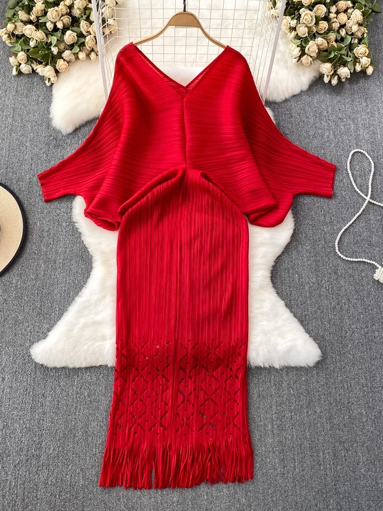 

Ele Hollow out Batwing Sve V Ne Slimming Fi Tail Gown Faionable High Waist Commute Sle mid Length Dr