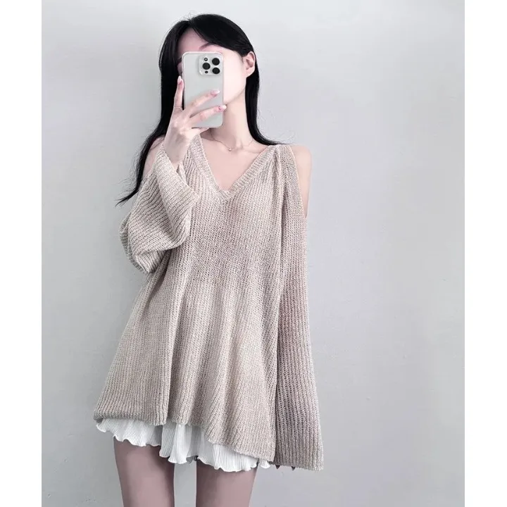 Korean Style Chic Shoulder Bared V-Neck Knitted Sweater Loose Casual Women's Sun Protection Top Summer 2026 Loose Fit Knitwear