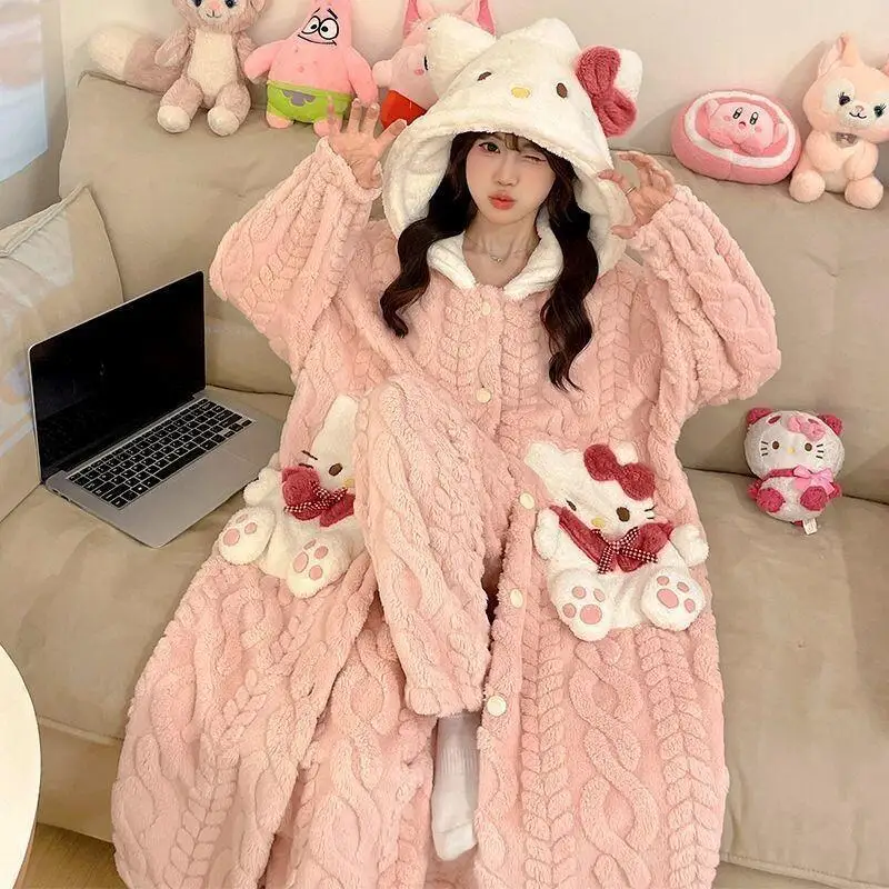 

Sanrio Hello Kitty Fashion Cartoon Hooded Robe Pajamas Set Flannel Women Students Homewear Thickened Plush Autumn Winter Cozy