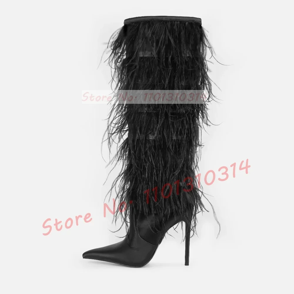 Pink Satin Fluffy Knee High Boots Women Sweet Pointy Toe Feather Elegant Shoes Ladies Stiletto High Heels Showy Slim Long Boots