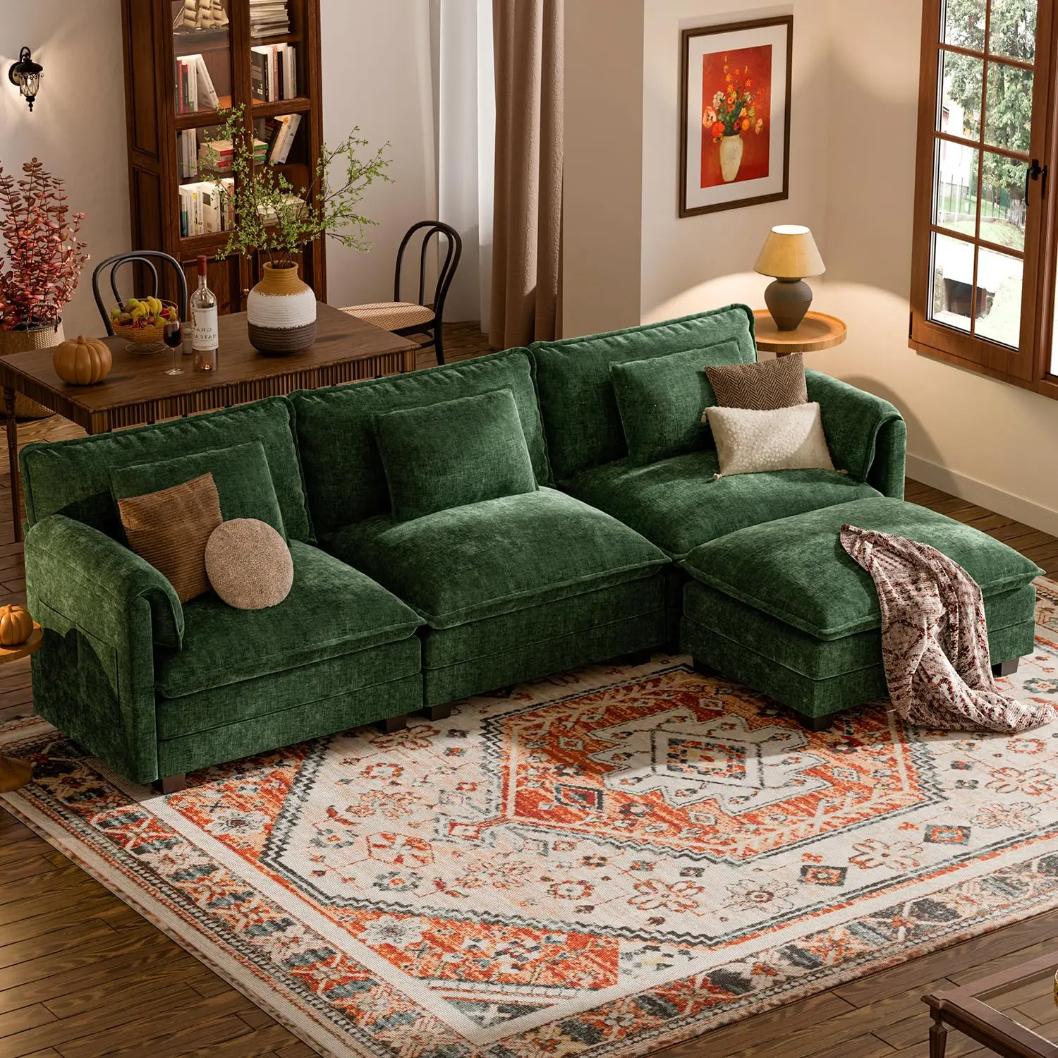 

116"L Modular Sectional Deep Seat Sofa w/ Pillow & Ottoman Chenille Fabric Living Room 4 Seat Green Custom