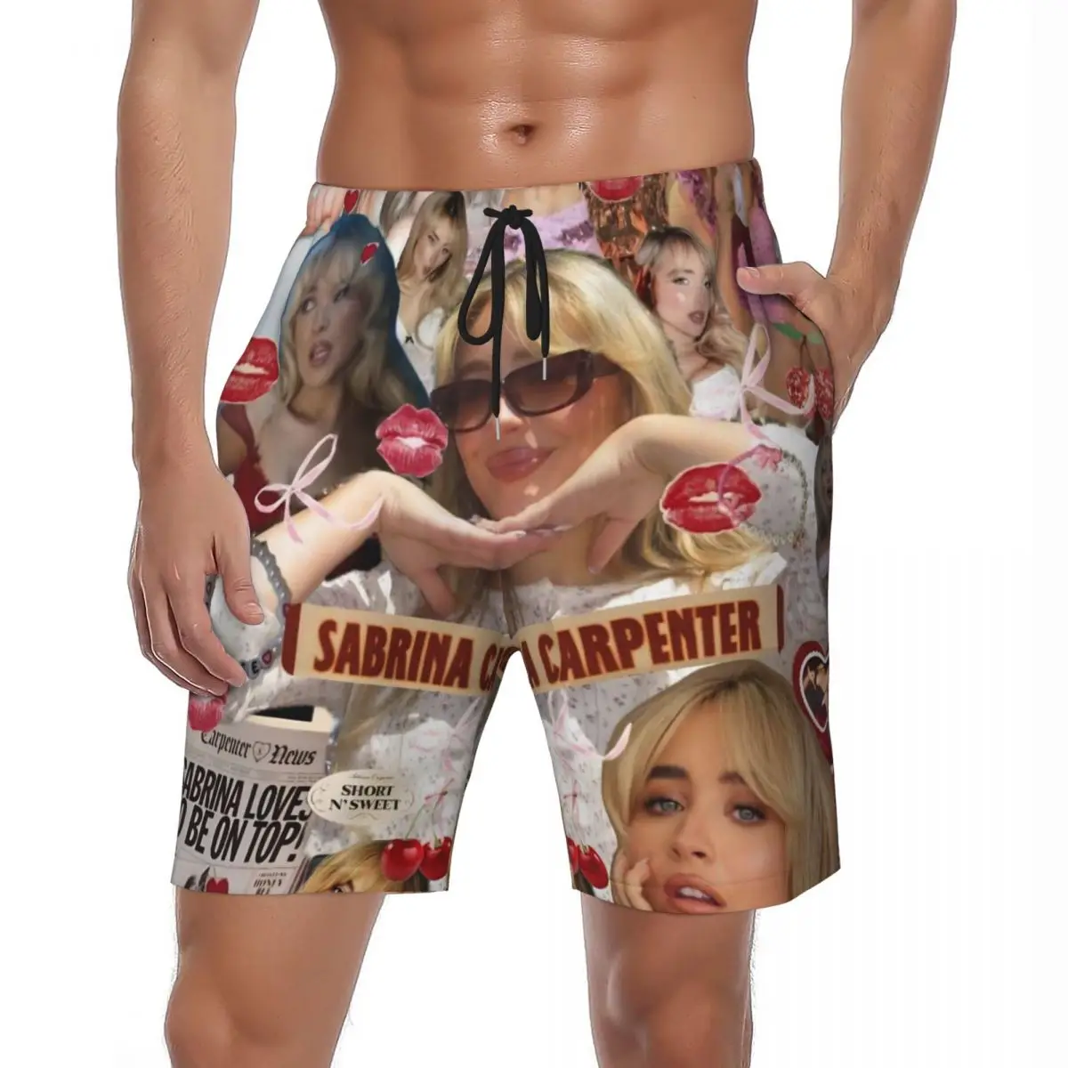 Sabrina Carpenter American Singer Photo Collage Board Shorts Summer Running Board Short Pants Man Fast Dry Y2K Swimming Trunks