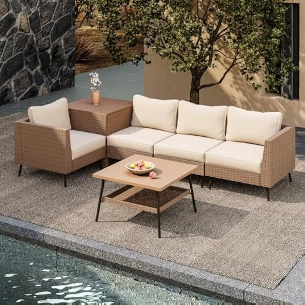

6-Piece Outdoor Patio Furniture Set, Rattan Conversation Sectional with Cushions and Storage, Patio Sofa for Outdoor Living