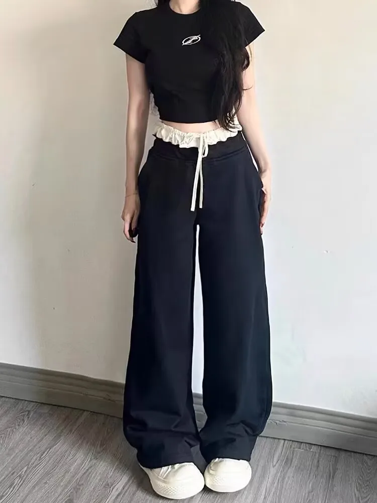 Pantalones casuales de encaje Retro americano Bla, pantalones de pierna ancha ajustados sueltos de cintura alta para mujer, novedad de verano, pierna recta cómoda Sle...