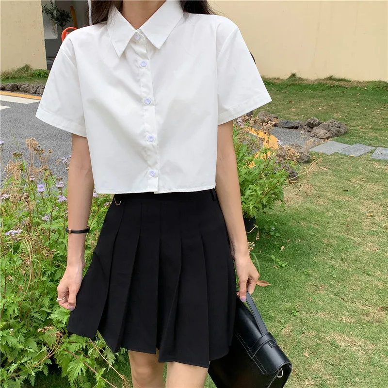 Shirts Women Turn-down Collar Korean Fashion Chic Solid Cropped Casual Ins All-match Students Classic Prevalent JK Summer Tops