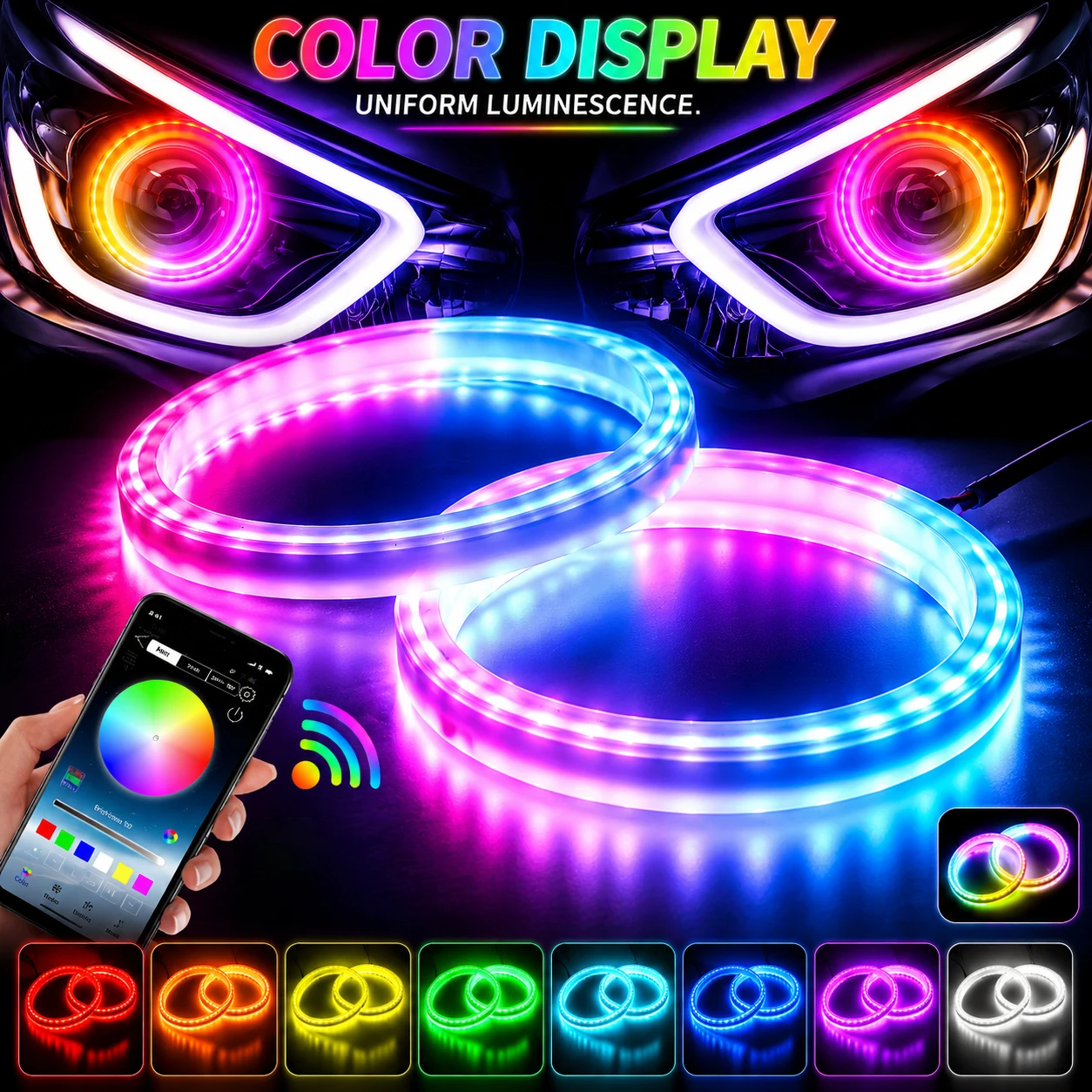 

2PCS RGB Cotton LED Angel Eyes Halo Rings 60mm 70mm 80mm 90mm LED Headlight Lamp DRL eyes For Car UTV Motorcycle DRL App Control