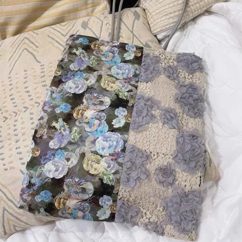 

Harajuku Embroidered Floral Lace Canvas Bag Women Vintage Painting Tote Ladies Versatile Commuter Fashion Underarm Shoulder Bags