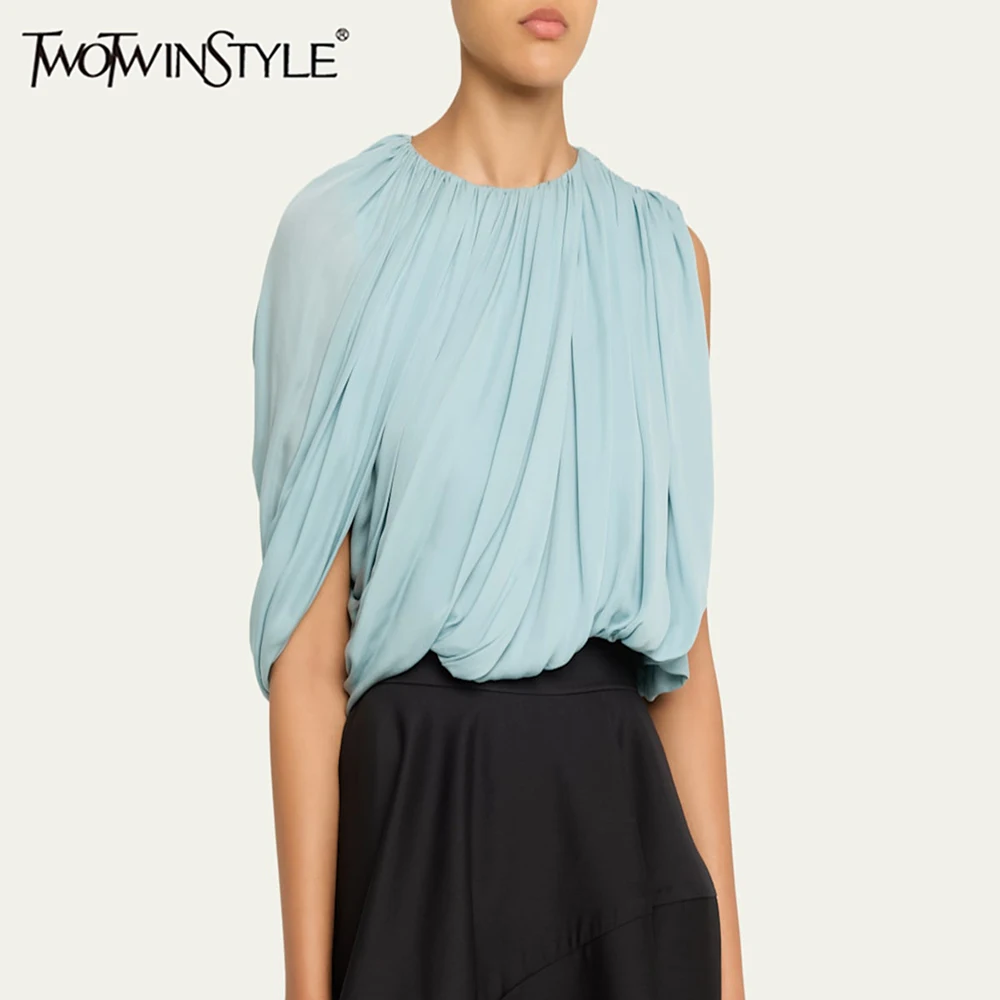 

TWOTWINSTYLE Зеленая свободная блузка с плиссировкой и вставками для женщин, с круглым вырезом, без рукавов, элегантный дизайн, женская летняя модная новинка