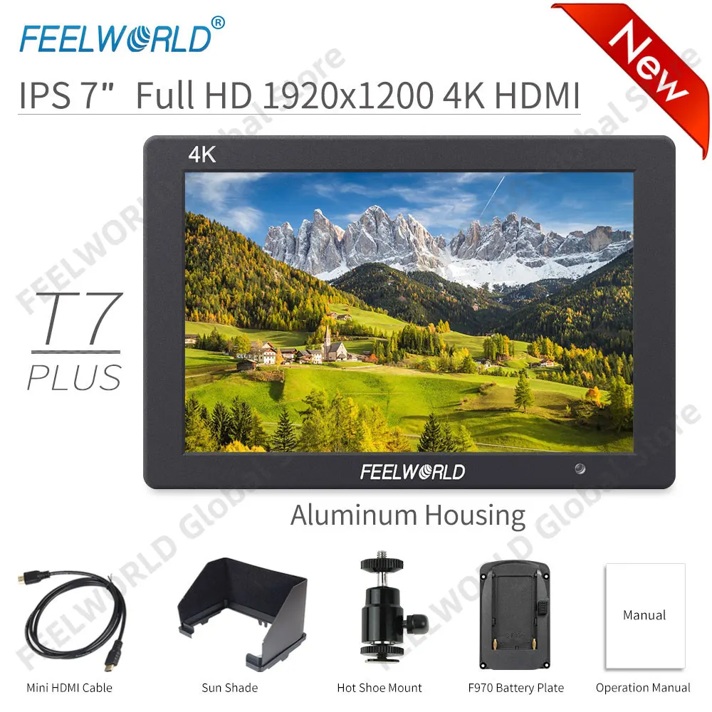 Feelworld T7 PLUS V2 7 Inch 3D LUT On Camera Field DSLR Monitor 4K HDMI Full HD 1920x1200 IPS Waveform Vector Aluminum Housing