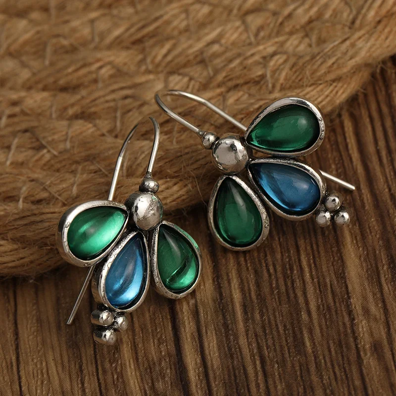 Vinatge Exquisite Inlaid Green Blue Stone Waterdrop Hook Earrings for Women\'s Fashion Elegant Banquet Jewelry Accessories Crafts