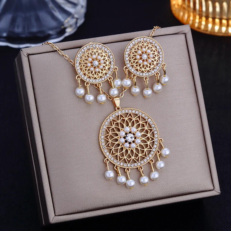 A set of light luxury style round-shaped stud earrings and necklace, fashionable and versatile for daily wear.