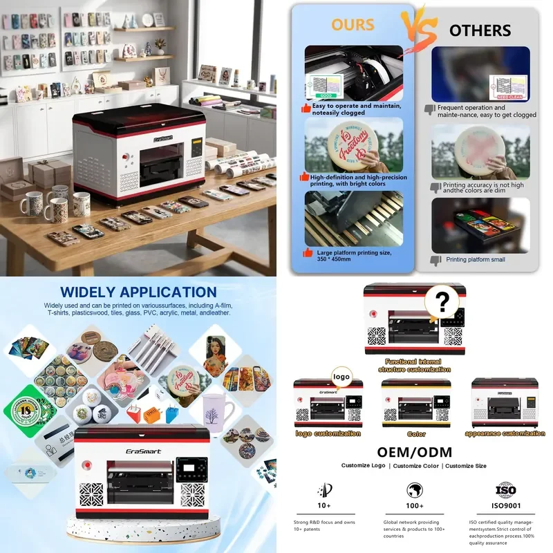 for EraSmart A3 Small Desktop UV Printer Flat Panel Mini Inkjet LED for Cup Cylinder Card Acrylic Bottle Phone Case Printing