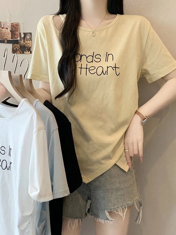 plus Size Casual Letter Print Asymmetrical Short Sleeve T-Shirt Women's Summer Fashion Hollow out Top Simple Design Streetwear