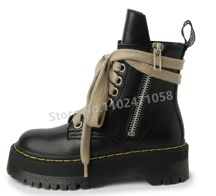 

Black Genuine Leather Lace-Up Women Motorcycle Boots Fashion Roudn Toe Chunky Bottom Height Increasing Short Boots Ladies Shoes