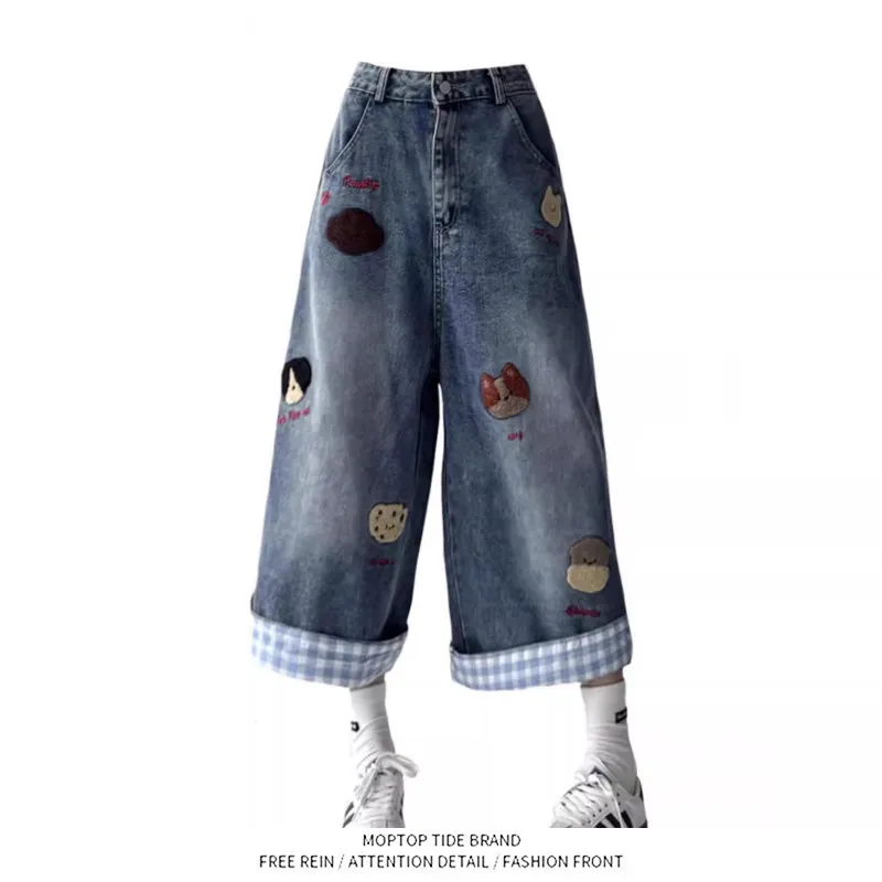 

American Style Embroidered Dog Grid Roll Seven-Quarter Denim Shorts Women Summer New Loose Straight Leg Pants