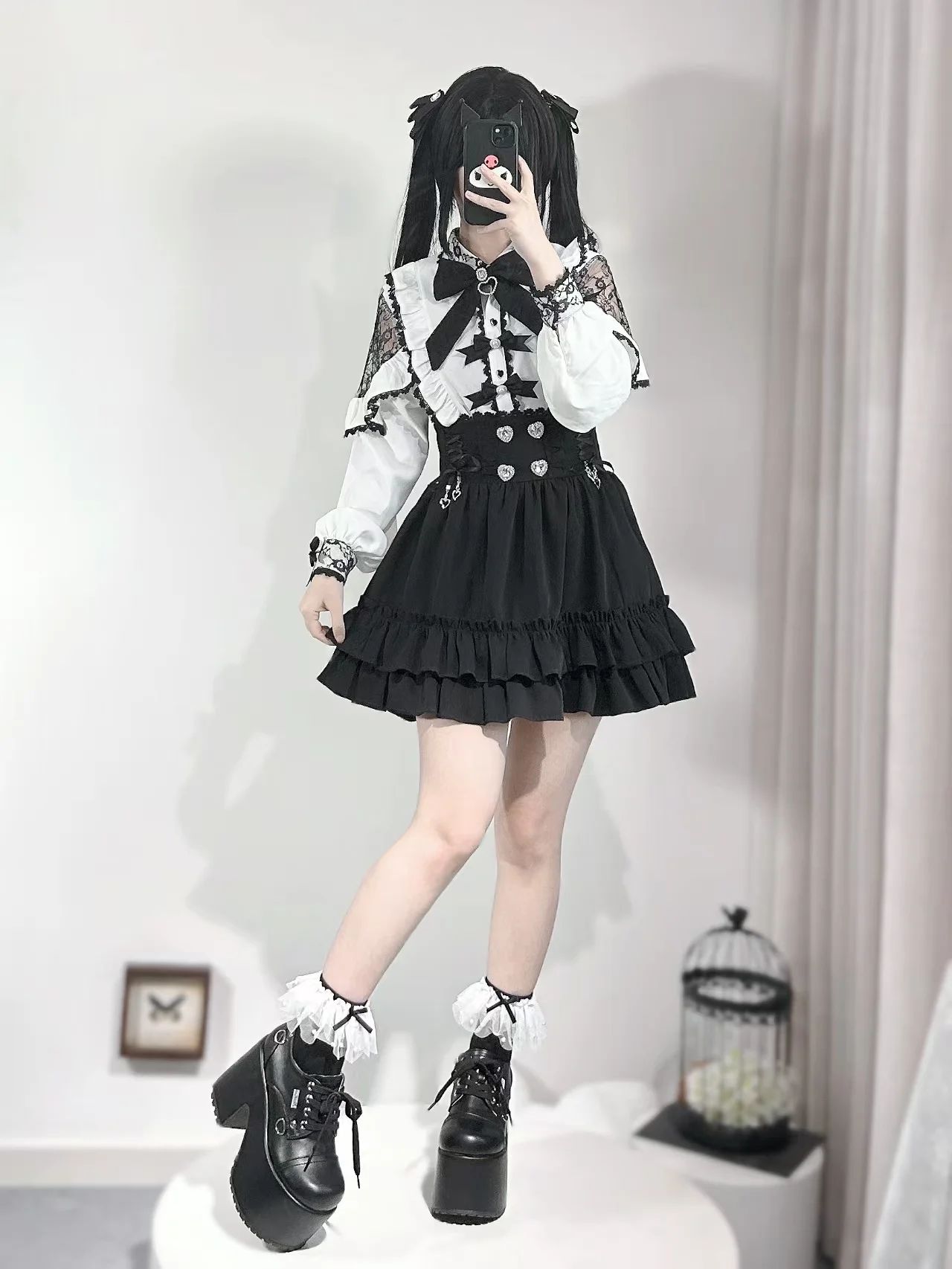 2025 春の新作日本鉱山レーススプライシングかわいい弓長袖シャツハイウエストショートスカート 2 点セット女性のスカートスーツ