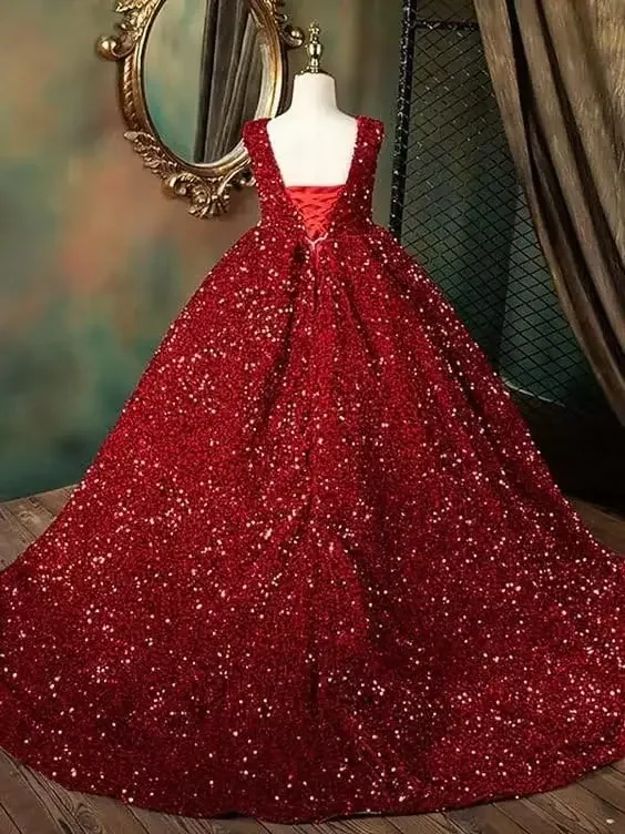 Party Dresses V Neck Sequin Pageant Dresses for Girls Sparkly Ball Gown Flower Girl Gowns Princess Kids Toddler Communion Dress