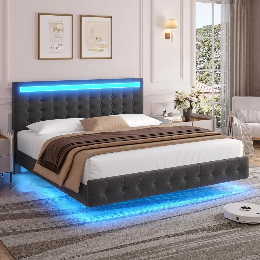 Queen Bed Frame with LED Lights Visual Floating Bed for Modern Space, Upholstered Fabric Headboard and Footboard Platform Bed