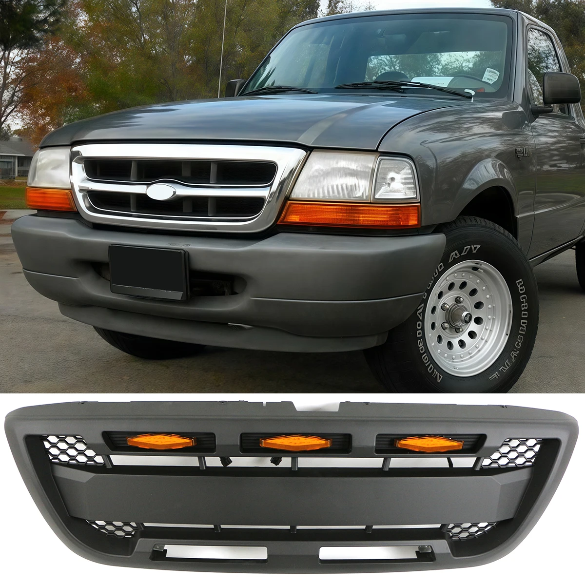 

Front Grill W/Light Fits For 1998-2000 2001-2003 Ford Ranger Black Grill