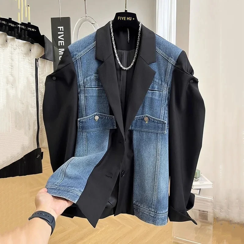 2024 New Fashion Spring Autumn Denim Splicing Blazer Women's Korean Long Sleeve Casual Elegant Ladies Suit Female Outerwear Tops