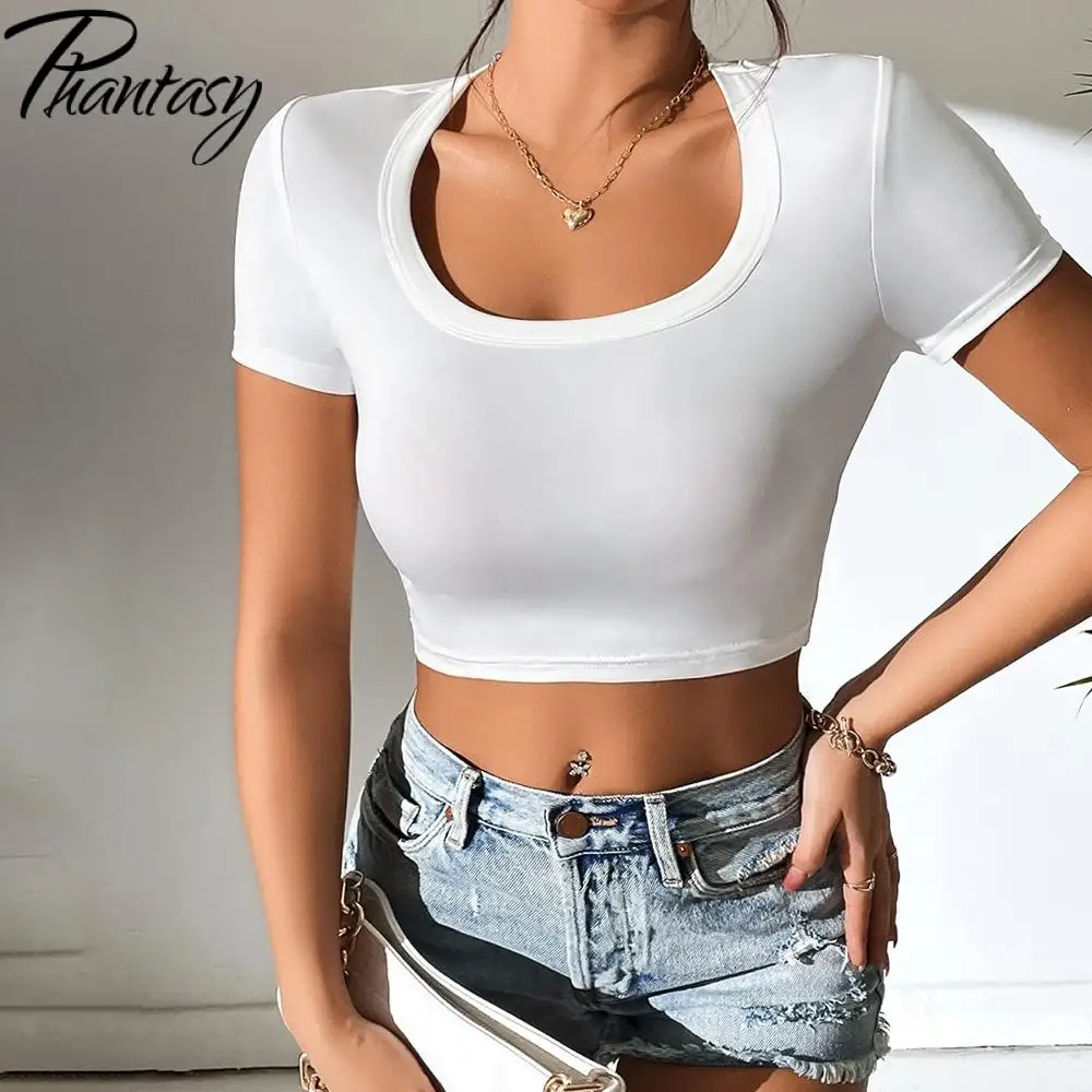 Phantasy O Neck Short T Shirt Y2K Women White Tops Tight Fitting Casual Tees Sexy Navel Exposed Summer Streetwear Female Wear