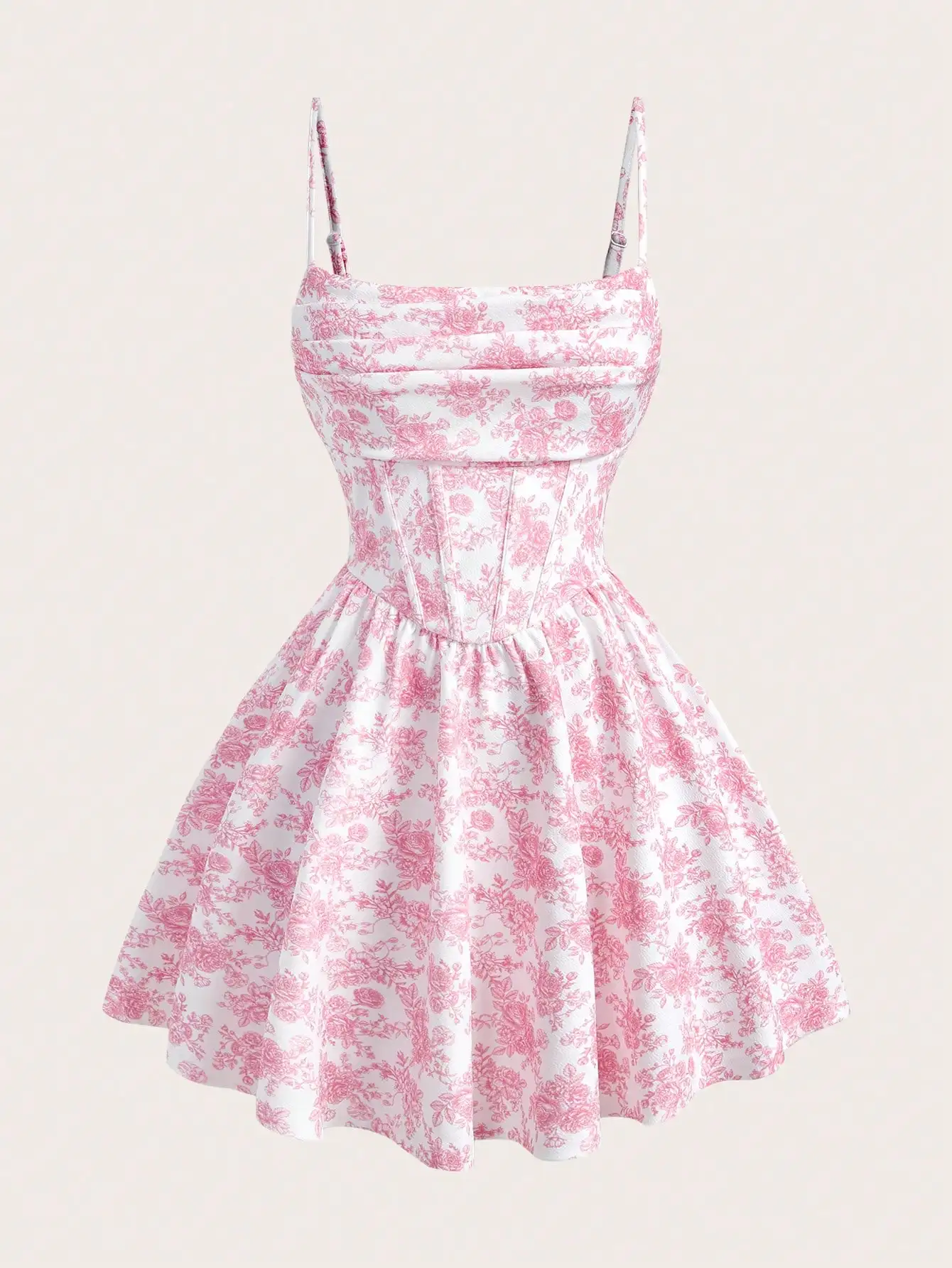 

Pink Floral Print Spaghetti Strap Corset Mini Dress with Ruffle Detail