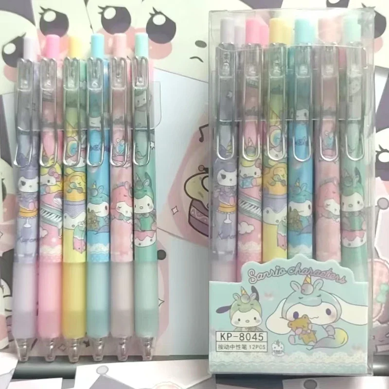 12Pcs/Pack Set Cute Unicorn Sanrio Cartoon Gel Pens Mymelody Kuromi Cinnamoroll Signature Pen Stationery