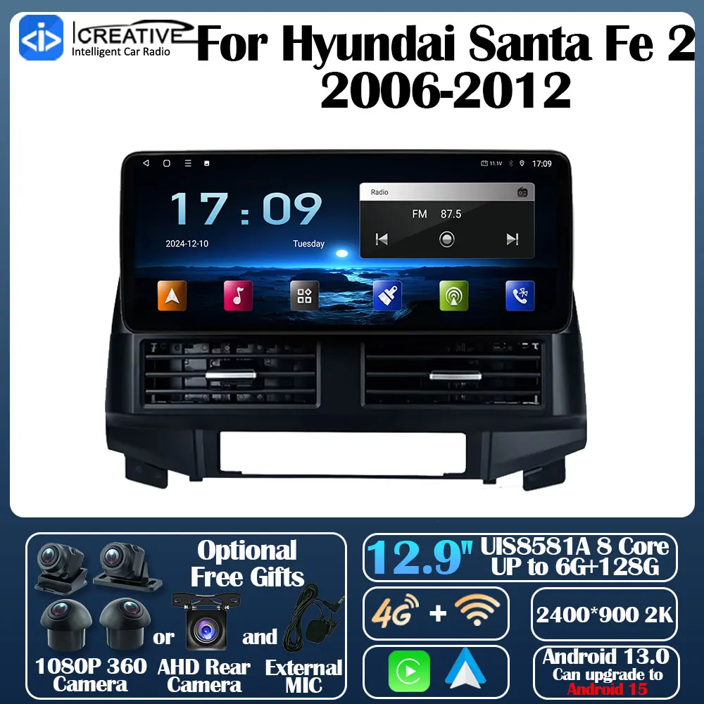 Android 13 Car Radio For Hyundai Santa Fe 2 2006-2012 Carplay Auto Multimedia Stereo 360 Camera Navi GPS Intelligent Video DVD