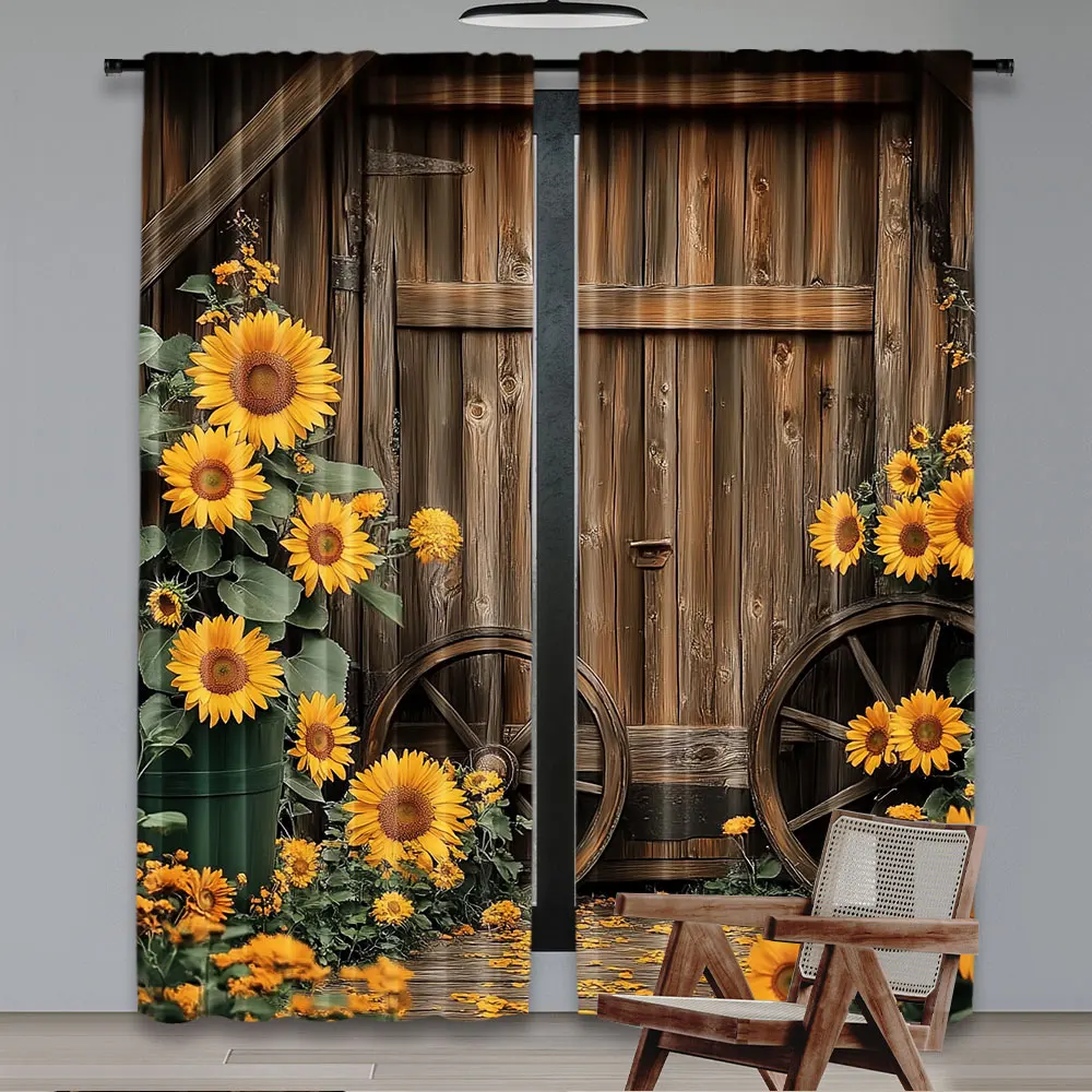 2Pcs Vintage Sunflower Pattern Curtains Wooden House Wooden Wheel Pattern Curtains Suitable For Living Room Bedroom Farm