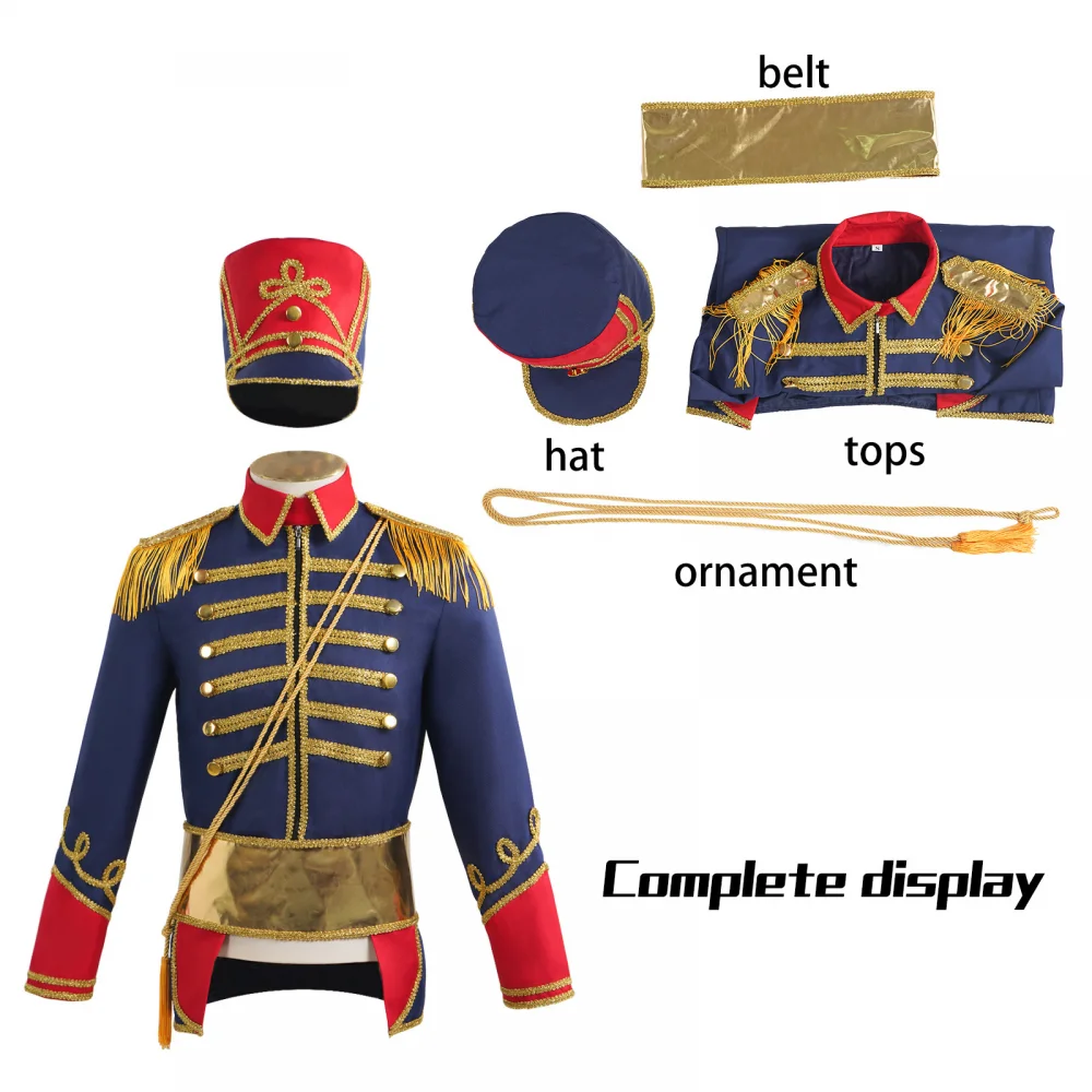 ผู้ใหญ่ฮาโลวีน Nutcrackers เครื่องแต่งกายกลองทรัมเป็ตทีม Royal Honor Guard Party ชุดชุดพู่ Circus Ringmaster เสื้อด้านบน