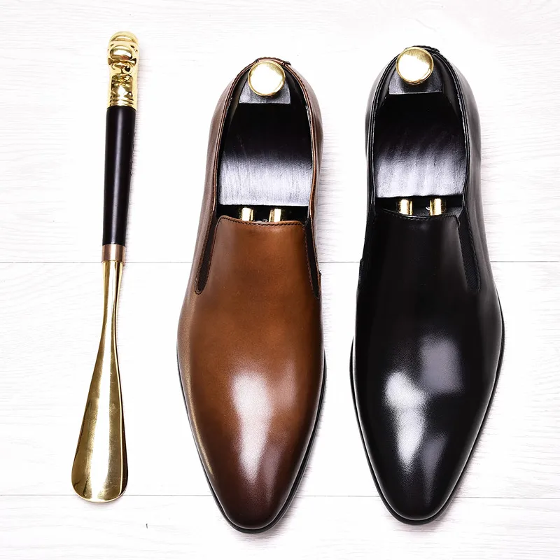 

Italian Genuine Leather Loafers Luxury Men Pointed Toe Dress Shoes Handmade Slip On Formal Shoes Men's Wedding Shoes