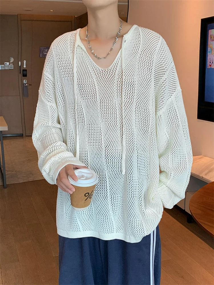 

Вязаный свитер Laid-ba с длинными рукавами и V-образным вырезом, свободного кроя, с защитой от солнца, с ажурным дизайном, для повседневной носки