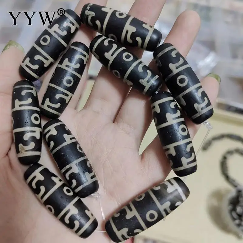 Sale 1 PC 13x38mm Black Natural Tibetan Dzi Beads Kuanyi Nine Eyes Random Patterns Agate Onyx Stone For Buddhist Jewelry Making