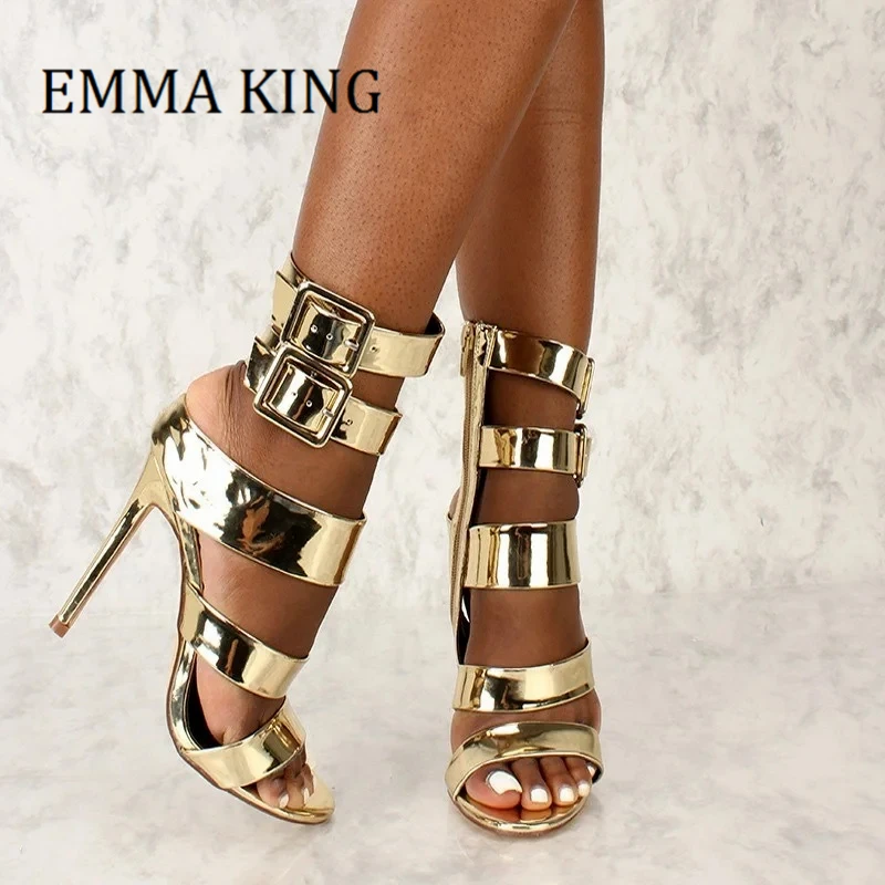 Golden Metallic Leather Gladiator Sandals Open Toe Dress Shoes Female Wide Strap Belt Buckle High Heel Sandals Hollow Out Shoes