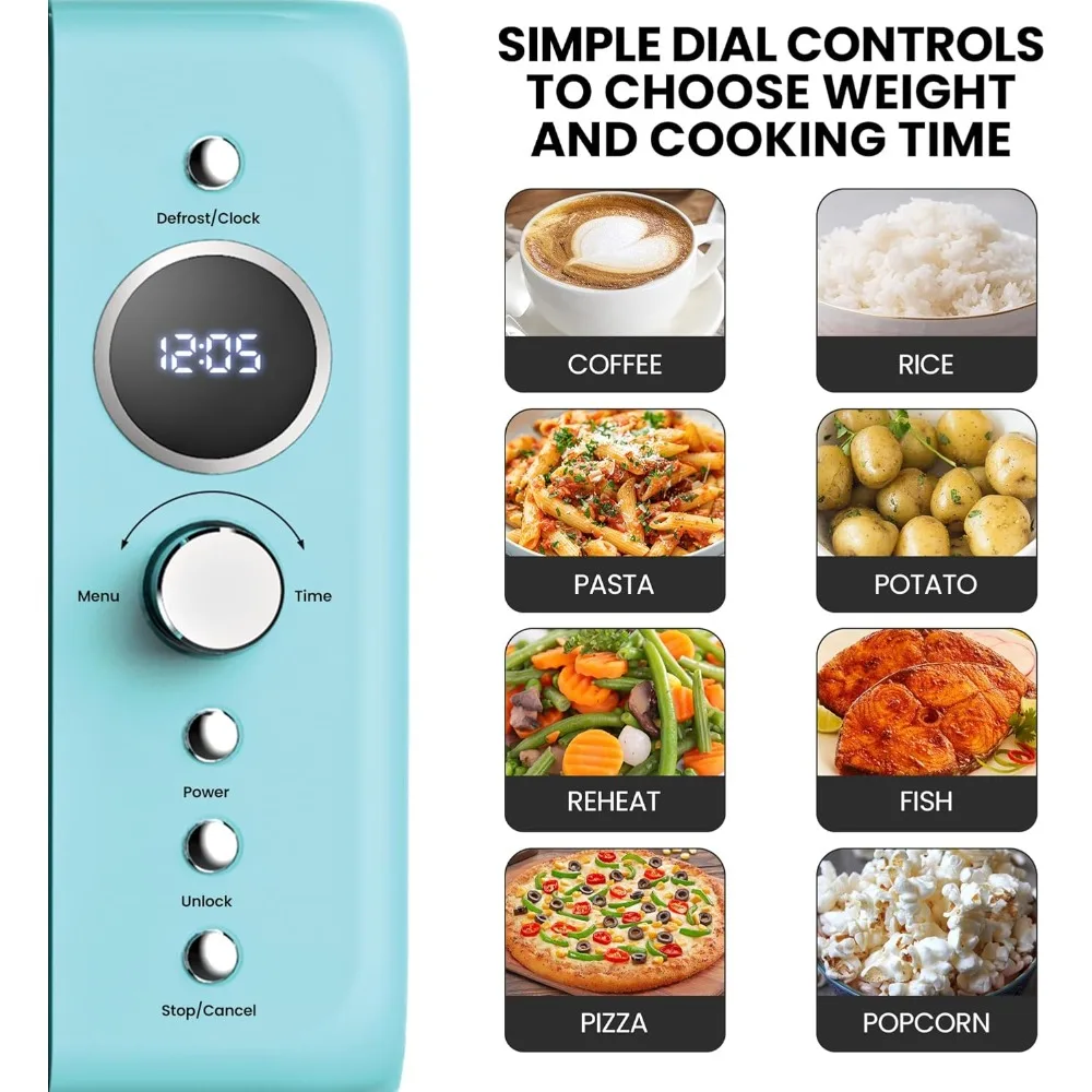 فرن ميكروويف ريترو 20 لتر / 0.7 قدم مكعب، بداية سريعة وإزالة الصقيع بواسطة الوزن/الوقت 8 أوضاع للطهي المحددة مسبقًا للقهوة والأرز والمعكرونة