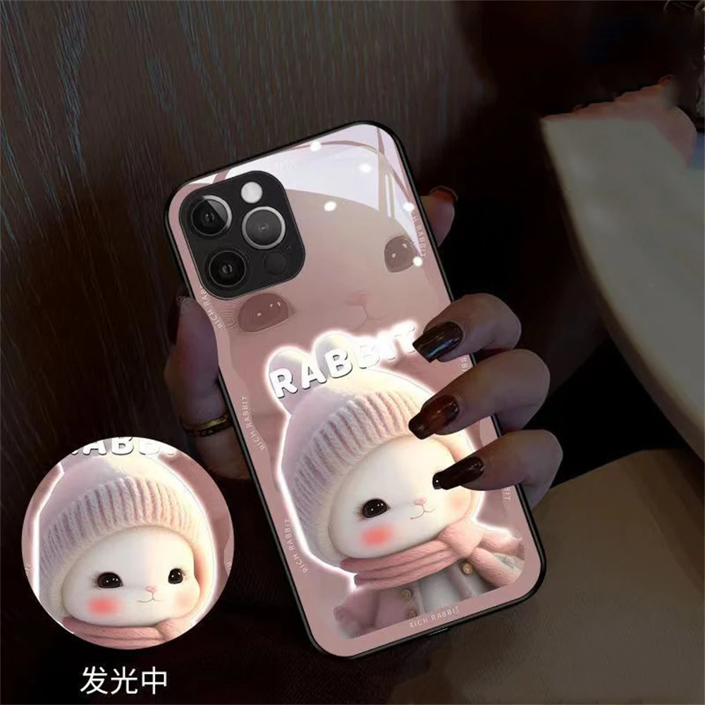 Cute Star Rabbit Bunny Design Led Light Phone Case Call Flash Glitter Cover For iPhone Air 17 16 15 14 13 12 11 Pro Max Plus