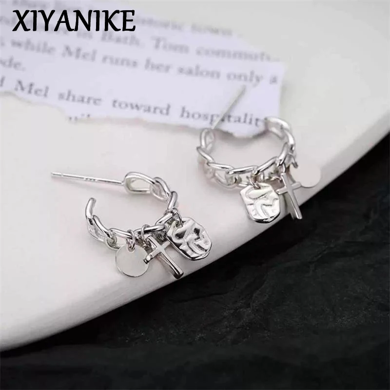 XIYANIKE C-type Chain Cross Pendant Ear Stud Earrings For Women Girl Punk Fashion New Jewelry Gift Party Street серьги женские