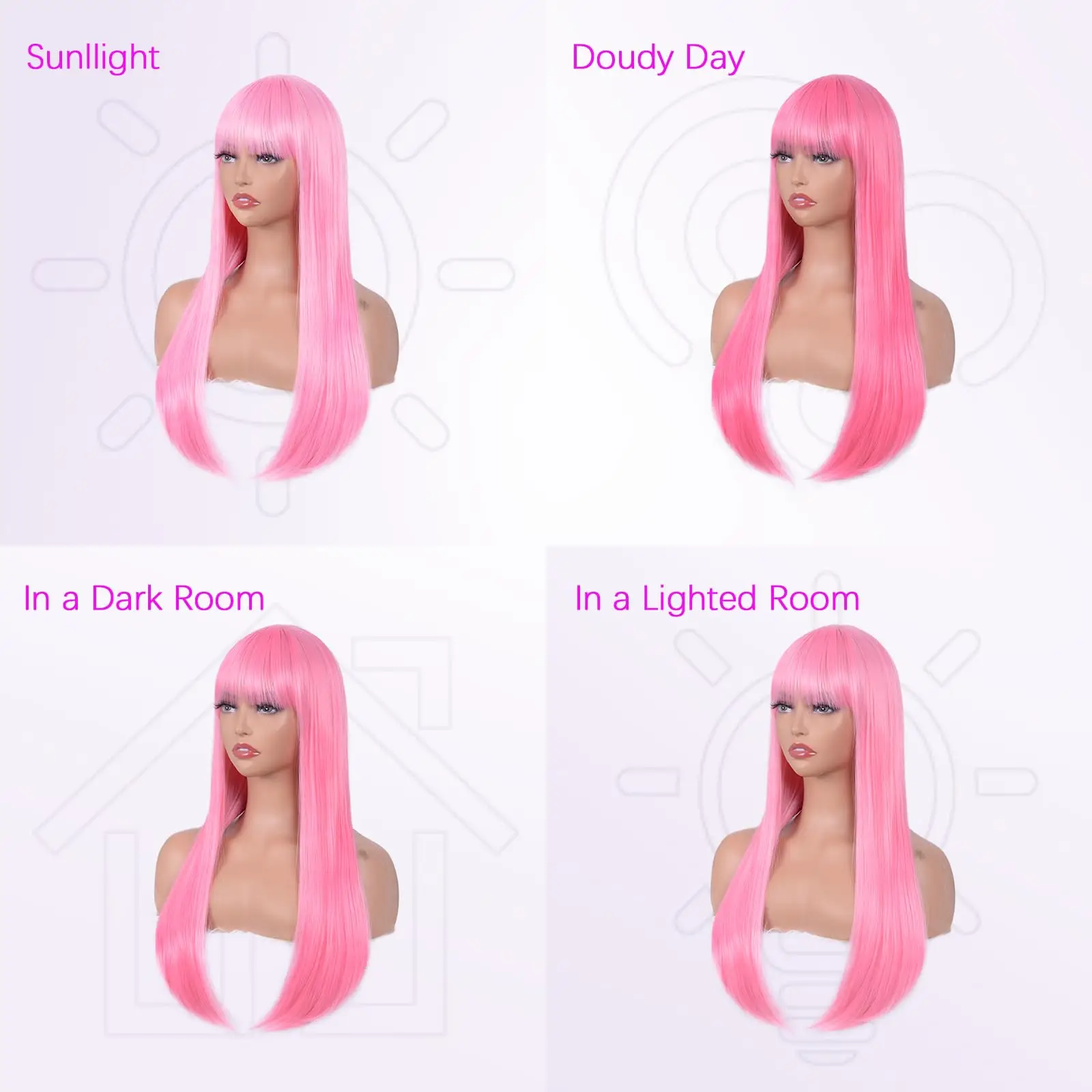 Perruque synthétique rose clair avec cheveux longs et raides, perruque de cosplay pour fête d'Halloween, ensemble de perruques accessoires pour cheveux quotidiens à haute température